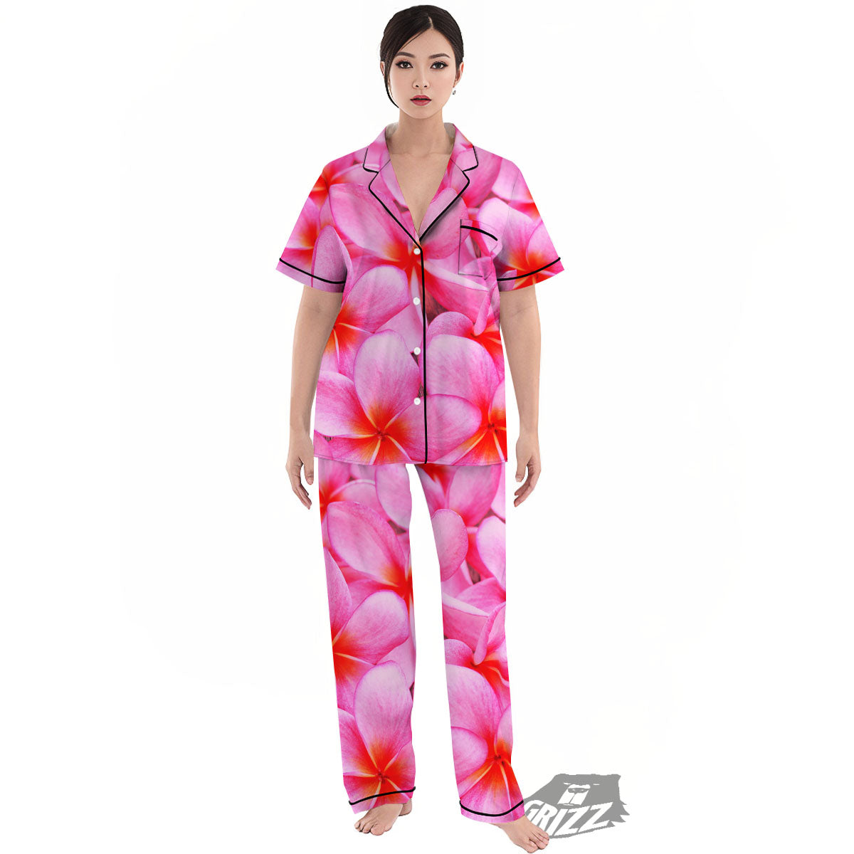 Frangipani Flower Pink Print Women's Pajamas Set-grizzshop