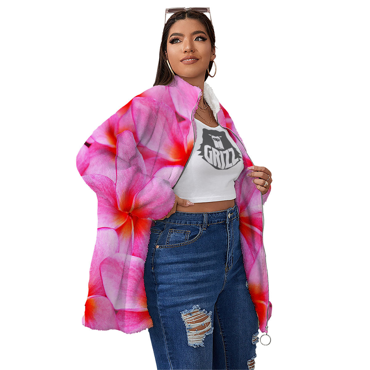 Frangipani Flower Pink Print Women's Sherpa Jacket-grizzshop