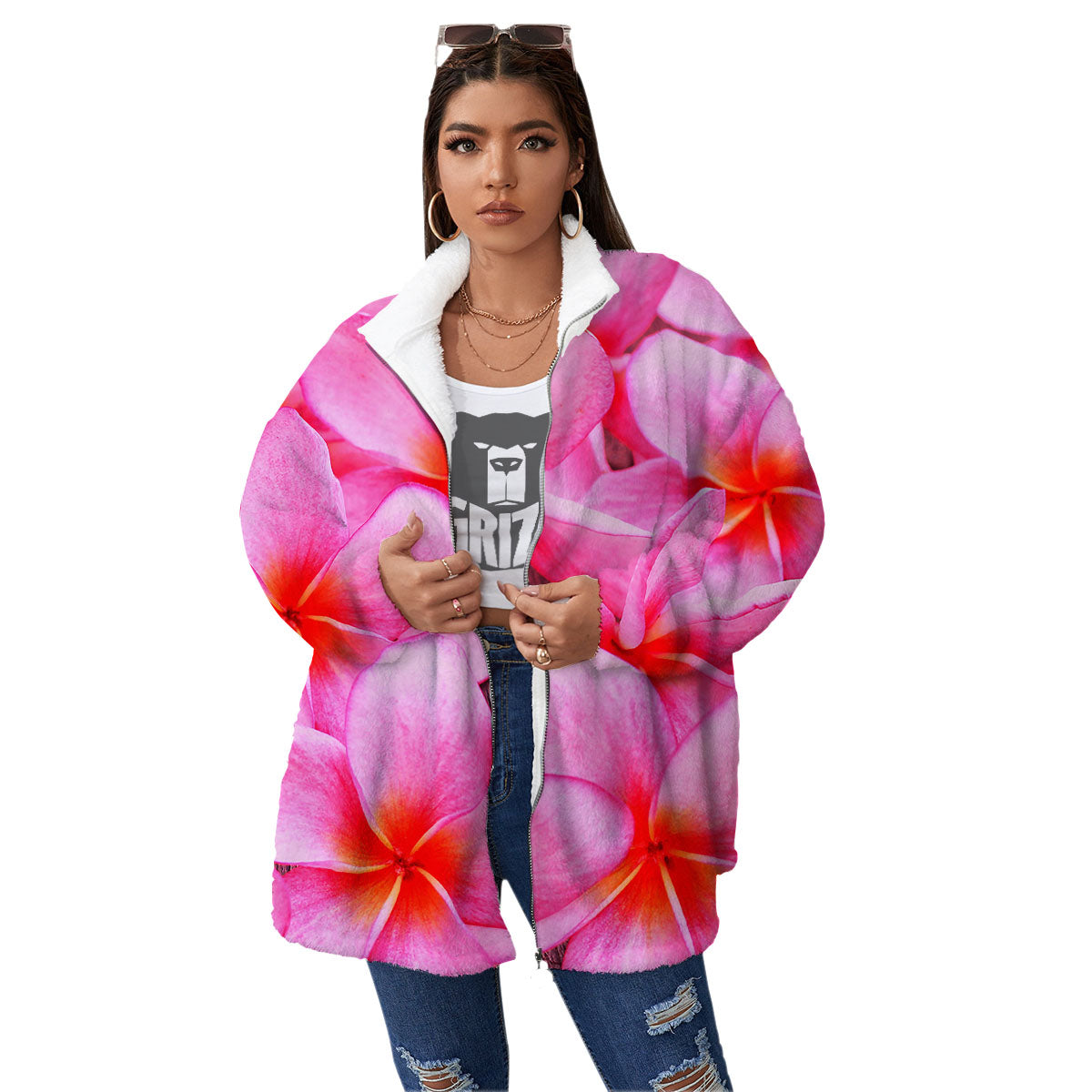Frangipani Flower Pink Print Women's Sherpa Jacket-grizzshop