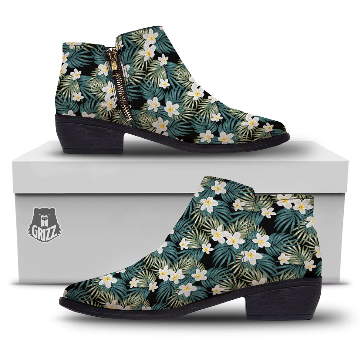 Frangipani Flower Print Pattern Ankle Boots-grizzshop