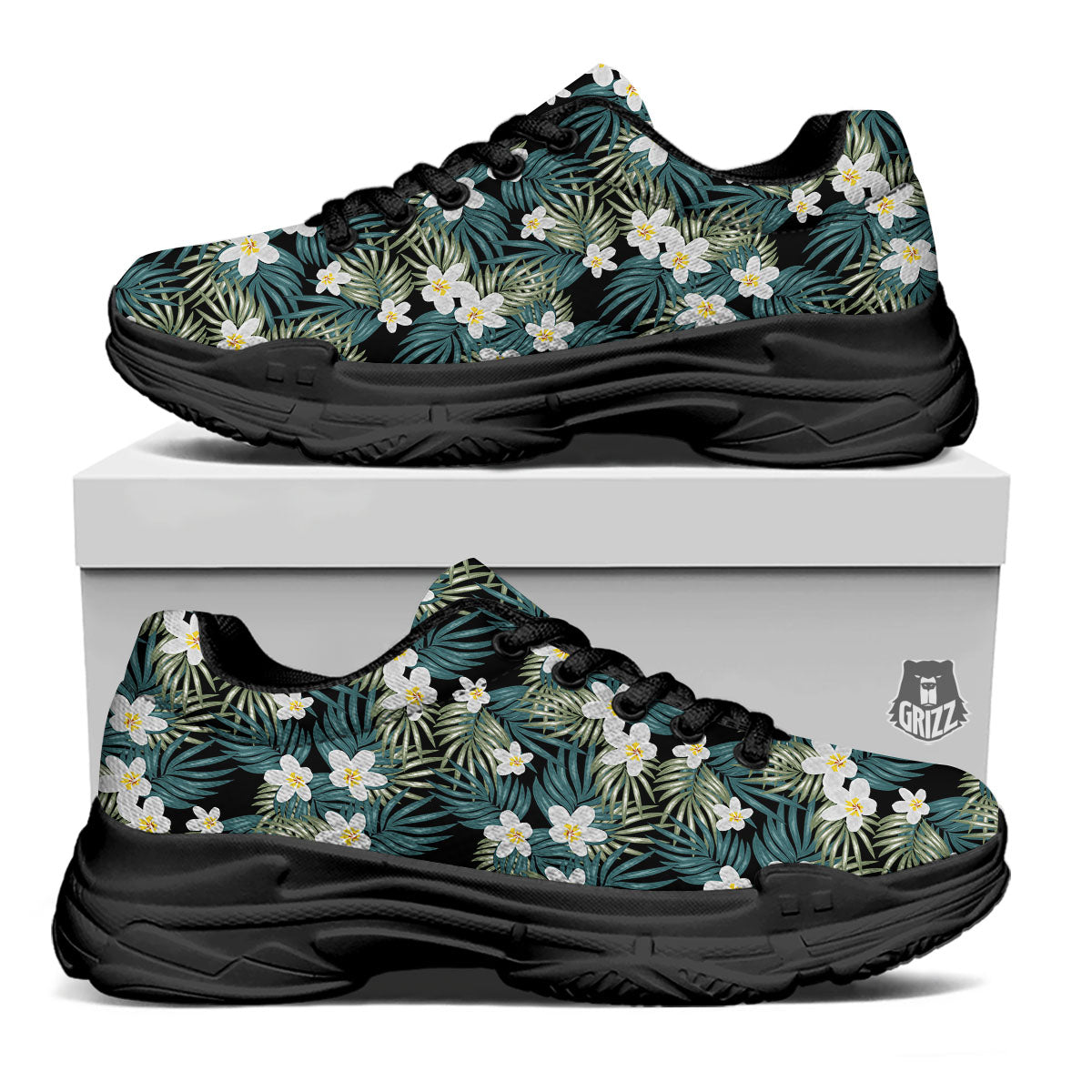 Frangipani Flower Print Pattern Black Chunky Shoes-grizzshop