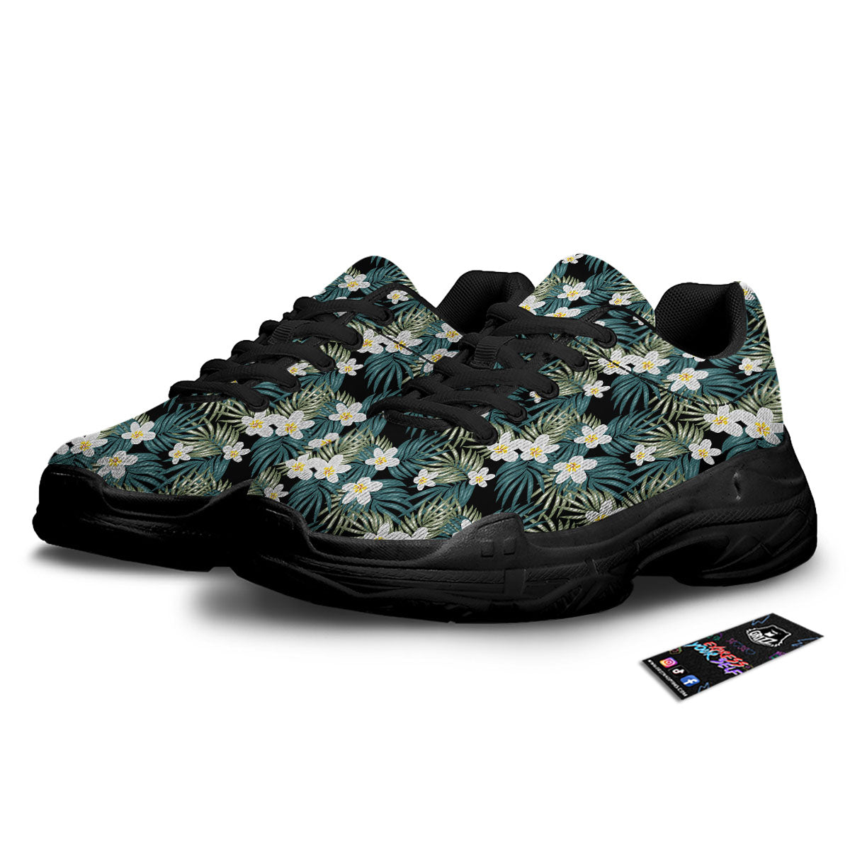 Frangipani Flower Print Pattern Black Chunky Shoes-grizzshop