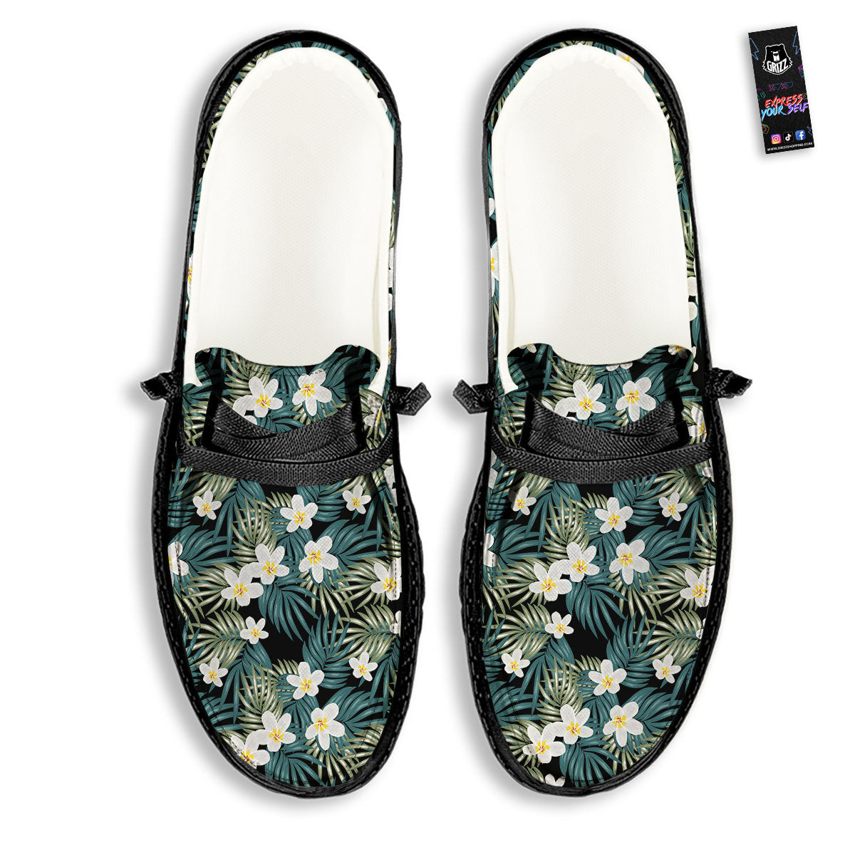 Frangipani Flower Print Pattern Black Loafers-grizzshop