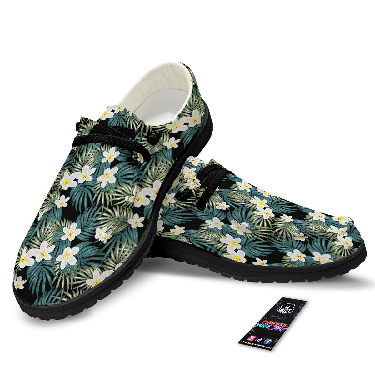 Frangipani Flower Print Pattern Black Loafers-grizzshop