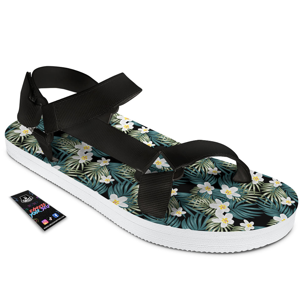 Frangipani Flower Print Pattern Black Open Toe Sandals-grizzshop