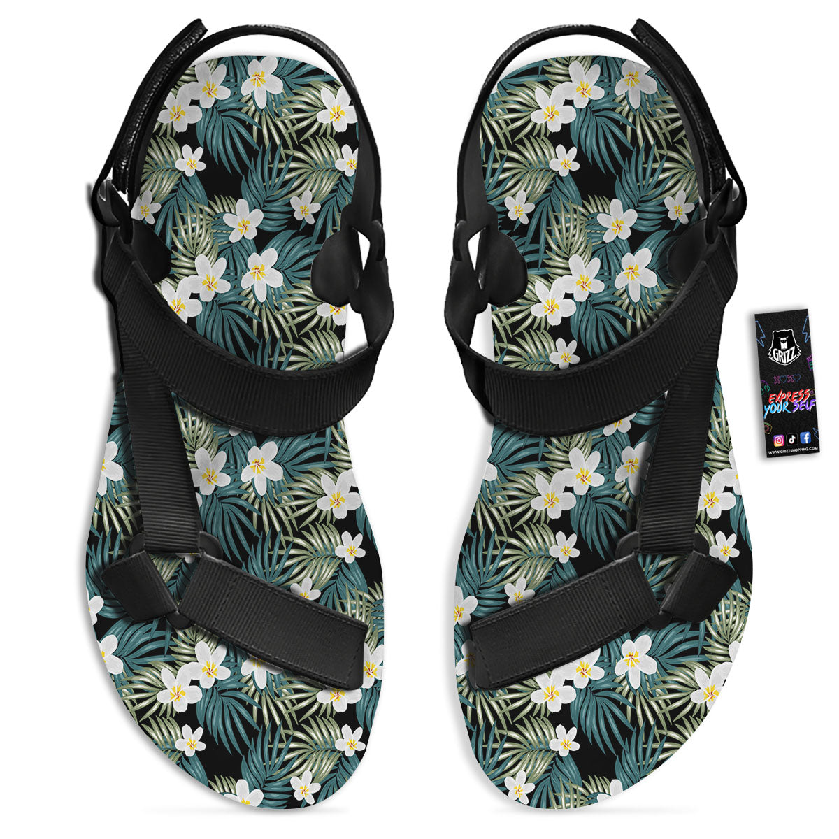 Frangipani Flower Print Pattern Black Open Toe Sandals-grizzshop