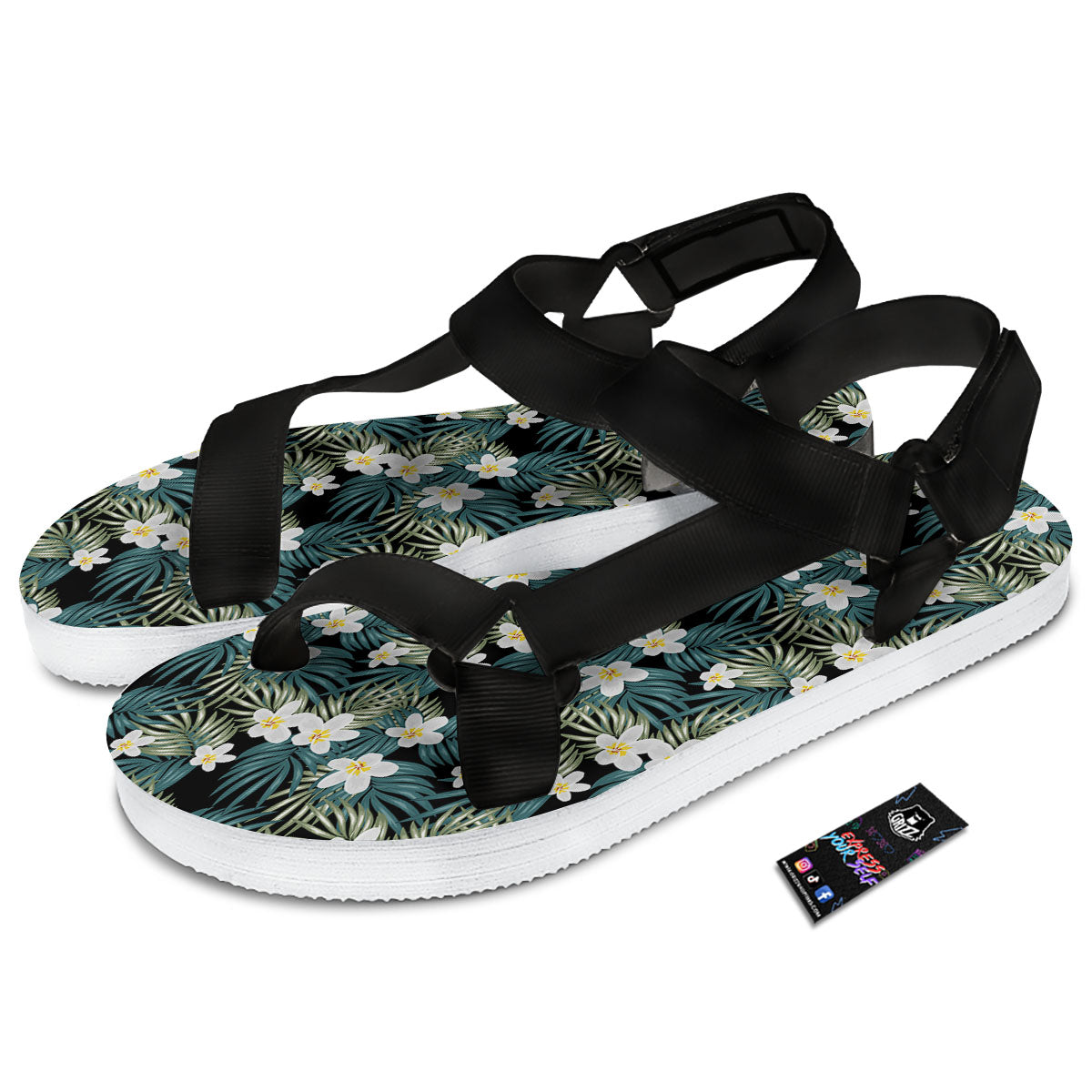 Frangipani Flower Print Pattern Black Open Toe Sandals-grizzshop