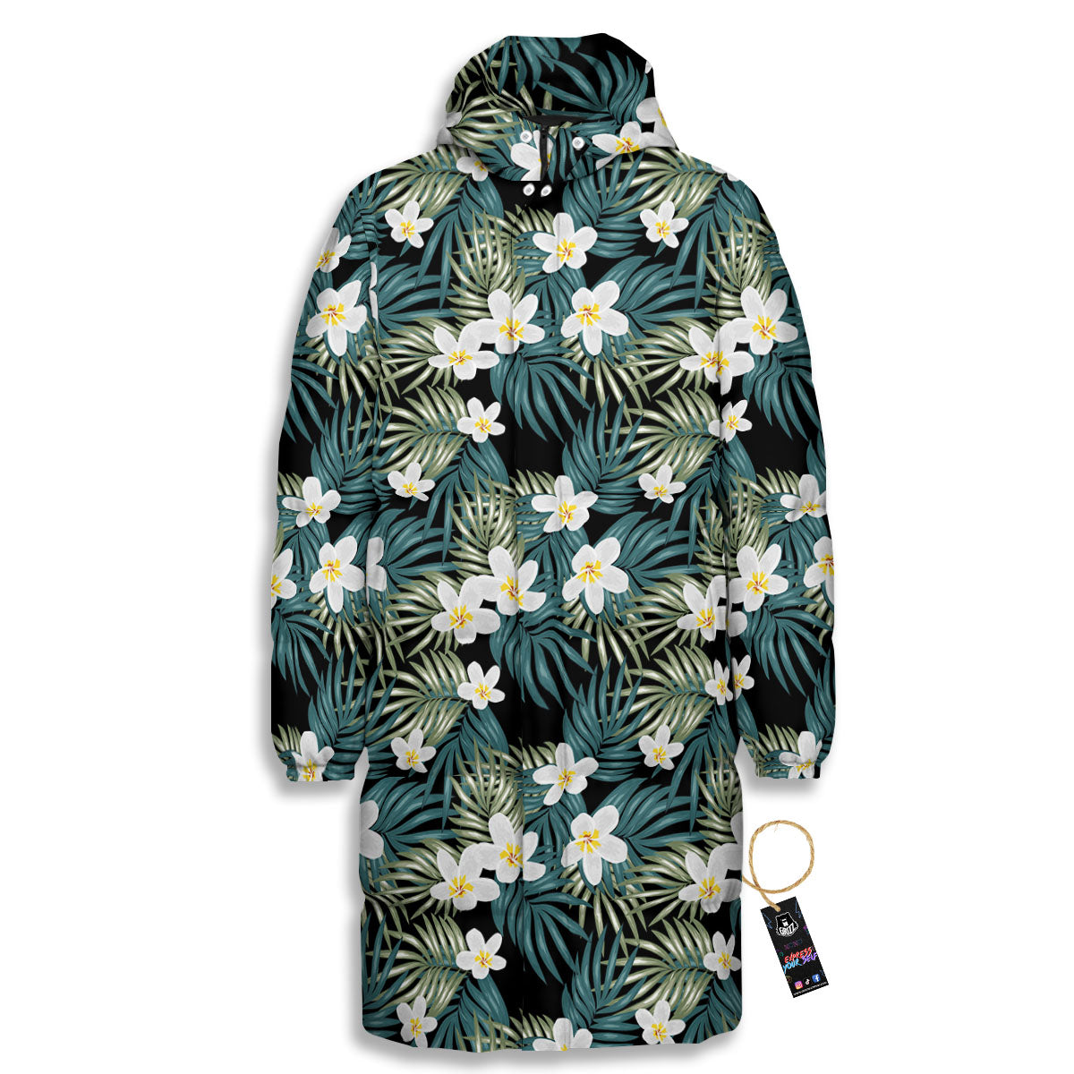 Frangipani Flower Print Pattern Long Down Jacket-grizzshop
