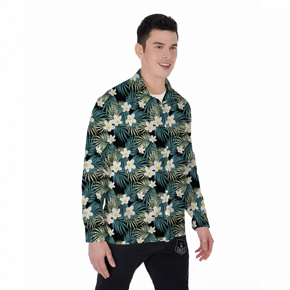 Frangipani Flower Print Pattern Men's Long Sleeve Shirts-grizzshop