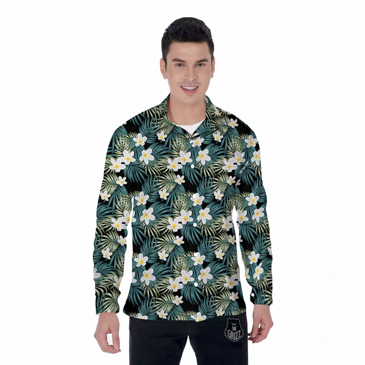Frangipani Flower Print Pattern Men's Long Sleeve Shirts-grizzshop