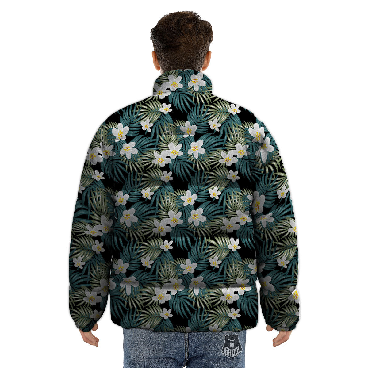 Frangipani Flower Print Pattern Puffer Jacket-grizzshop