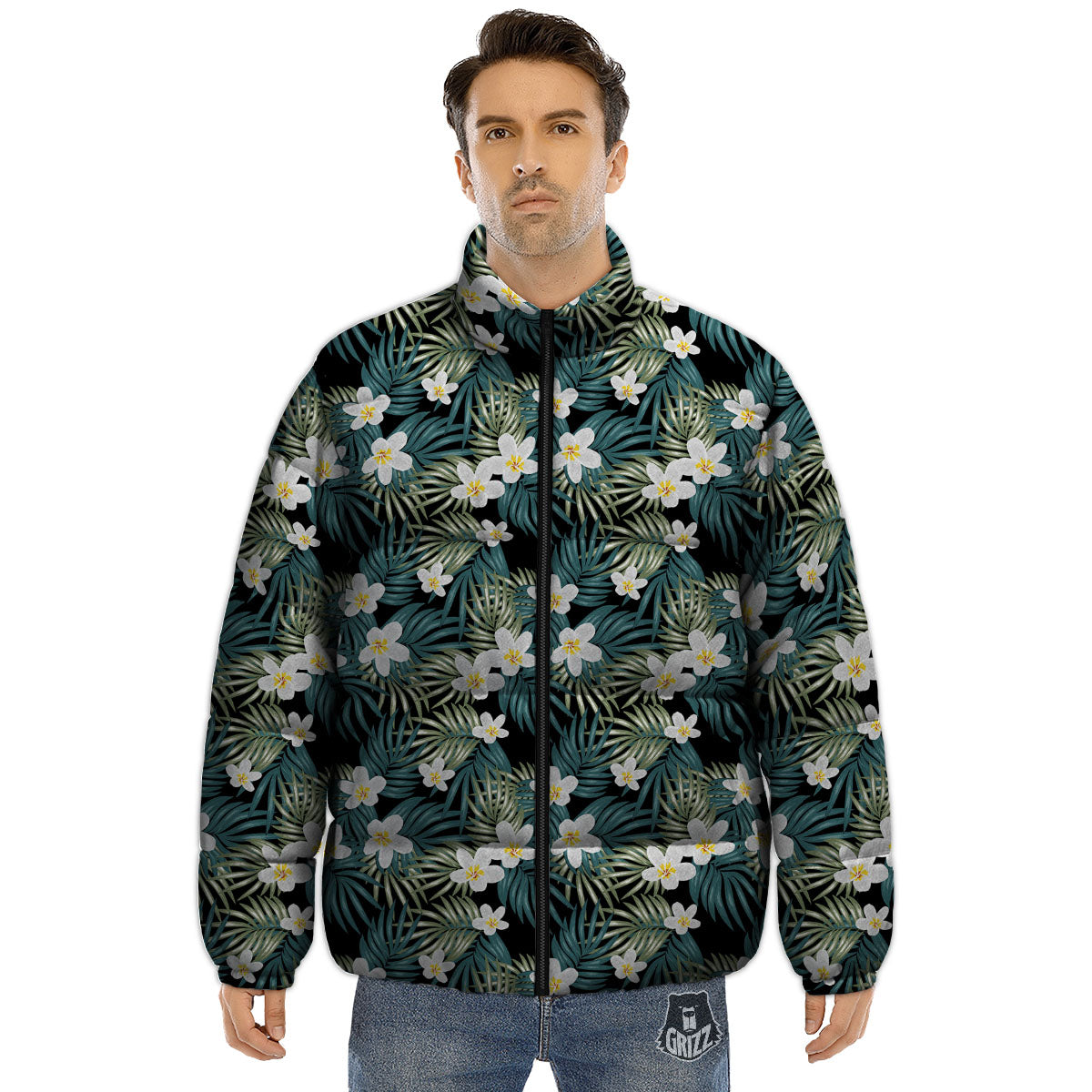 Frangipani Flower Print Pattern Puffer Jacket-grizzshop