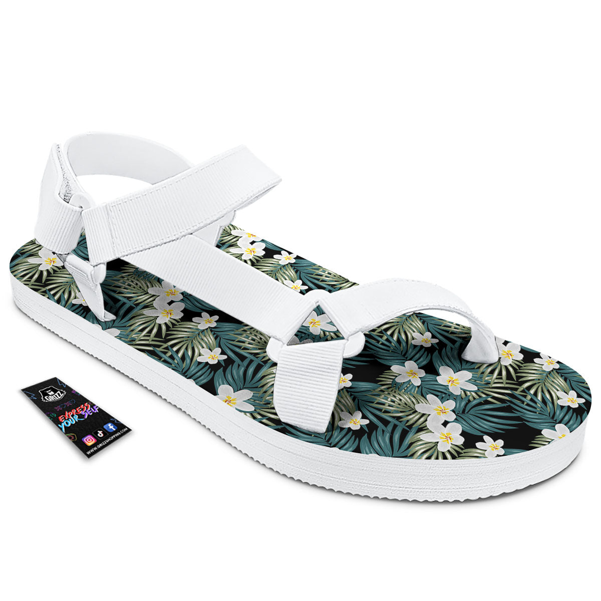 Frangipani Flower Print Pattern White Open Toe Sandals-grizzshop