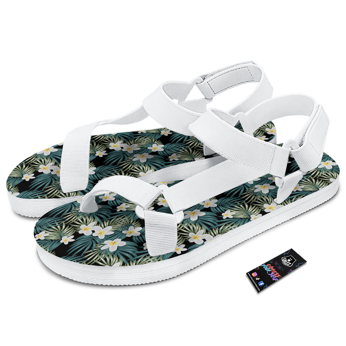 Frangipani Flower Print Pattern White Open Toe Sandals-grizzshop