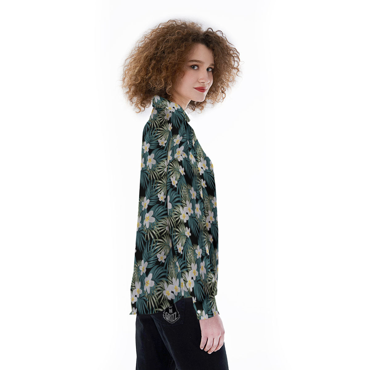 Frangipani Flower Print Pattern Women's Long Sleeve Shirts-grizzshop