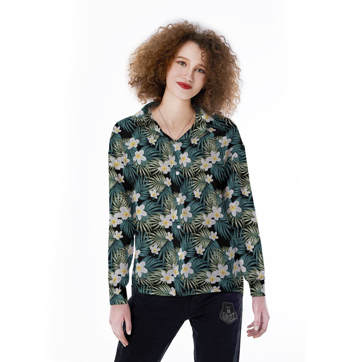 Frangipani Flower Print Pattern Women's Long Sleeve Shirts-grizzshop