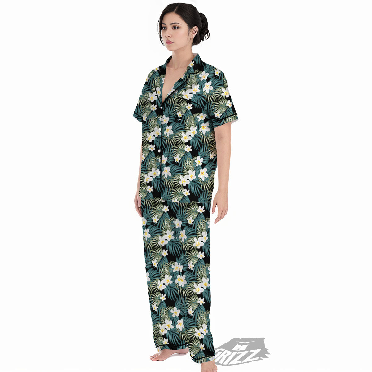 Frangipani Flower Print Pattern Women's Pajamas Set-grizzshop