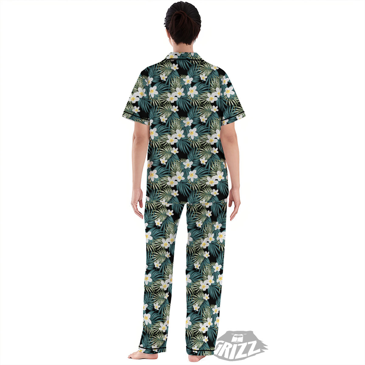 Frangipani Flower Print Pattern Women's Pajamas Set-grizzshop