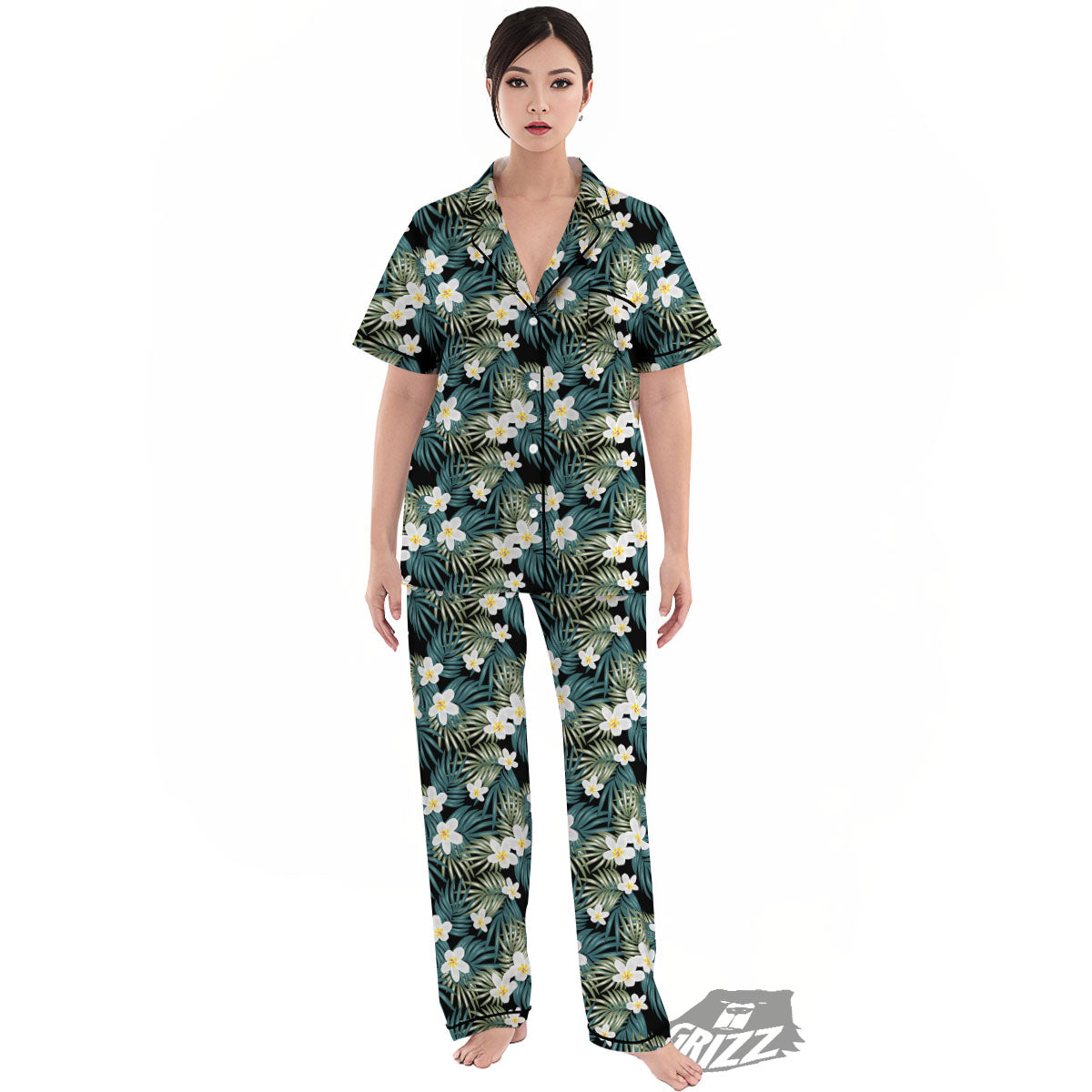 Frangipani Flower Print Pattern Women's Pajamas Set-grizzshop