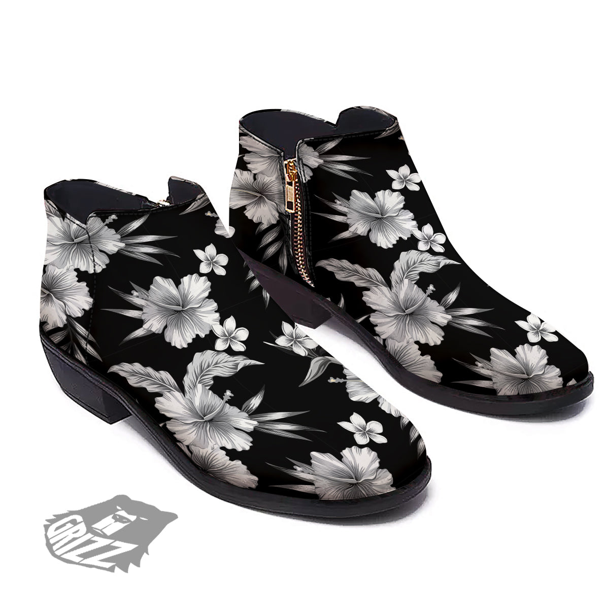 Frangipani White And Black Print Pattern Ankle Boots-grizzshop