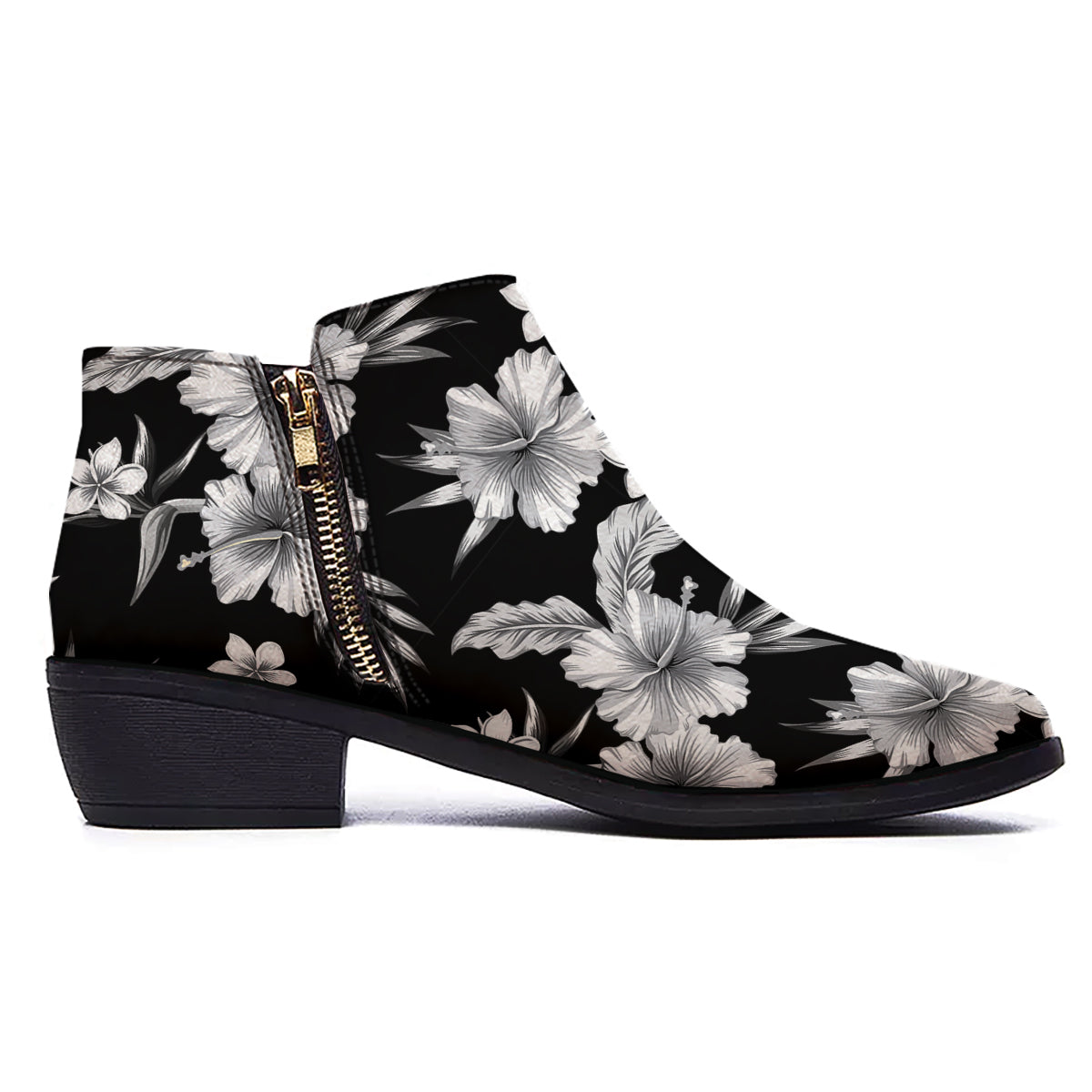 Frangipani White And Black Print Pattern Ankle Boots-grizzshop