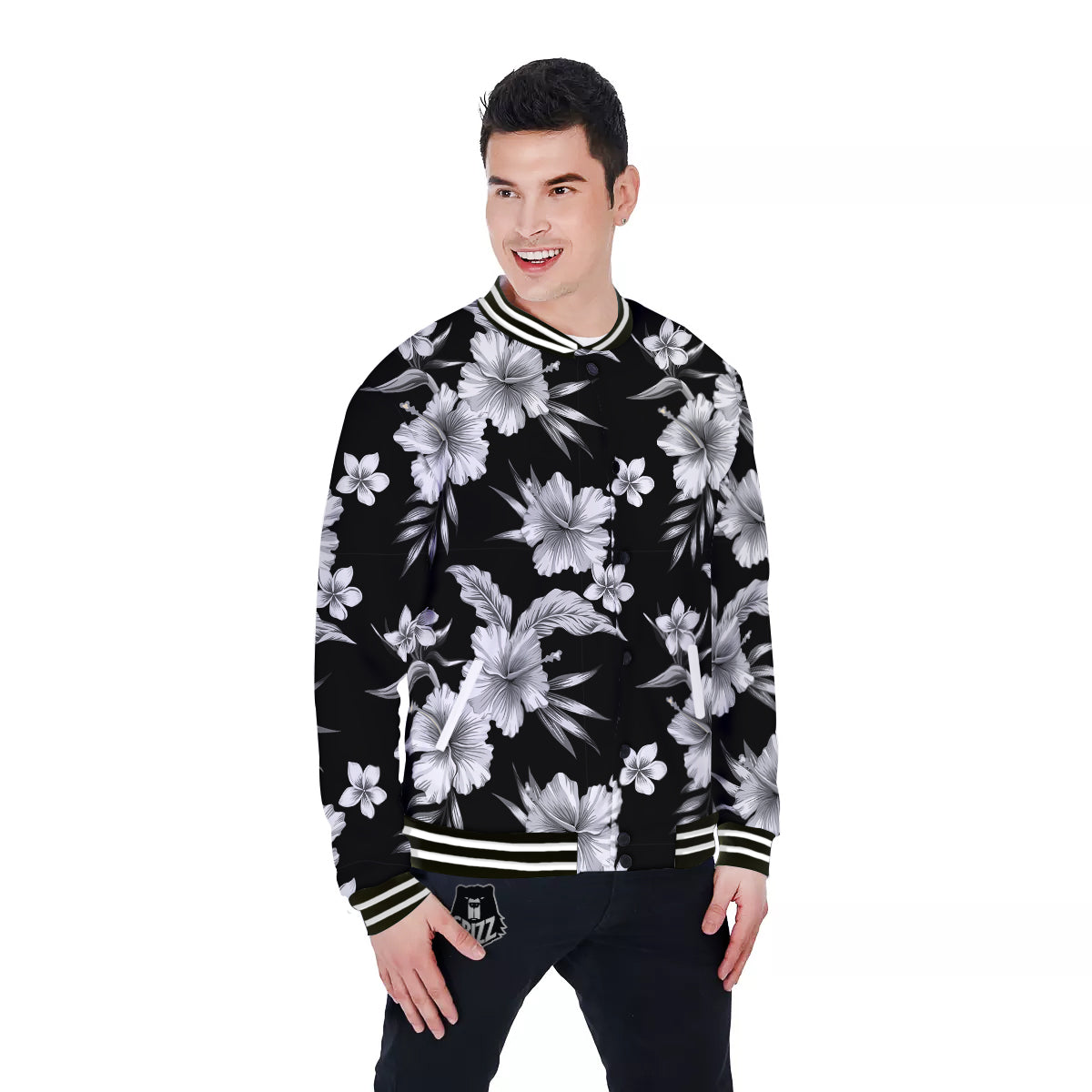 Frangipani White And Black Print Pattern Baseball Jacket-grizzshop