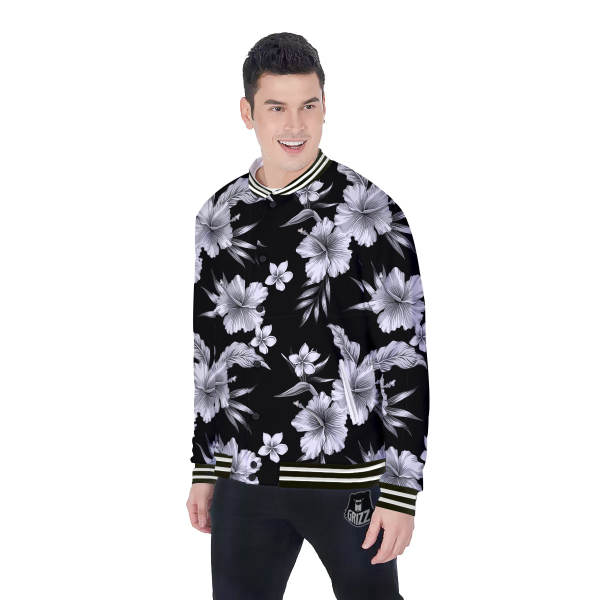 Frangipani White And Black Print Pattern Baseball Jacket-grizzshop