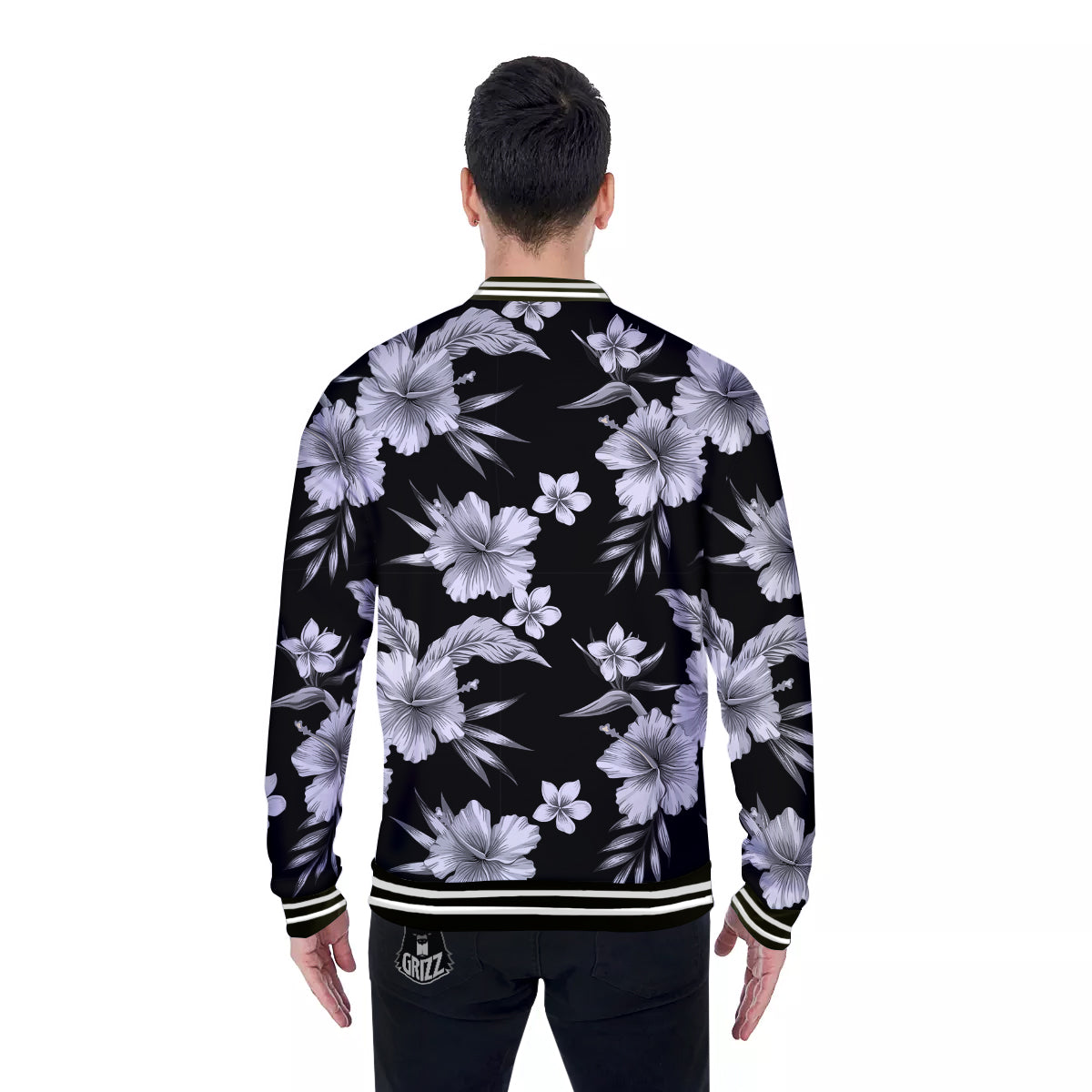 Frangipani White And Black Print Pattern Baseball Jacket-grizzshop