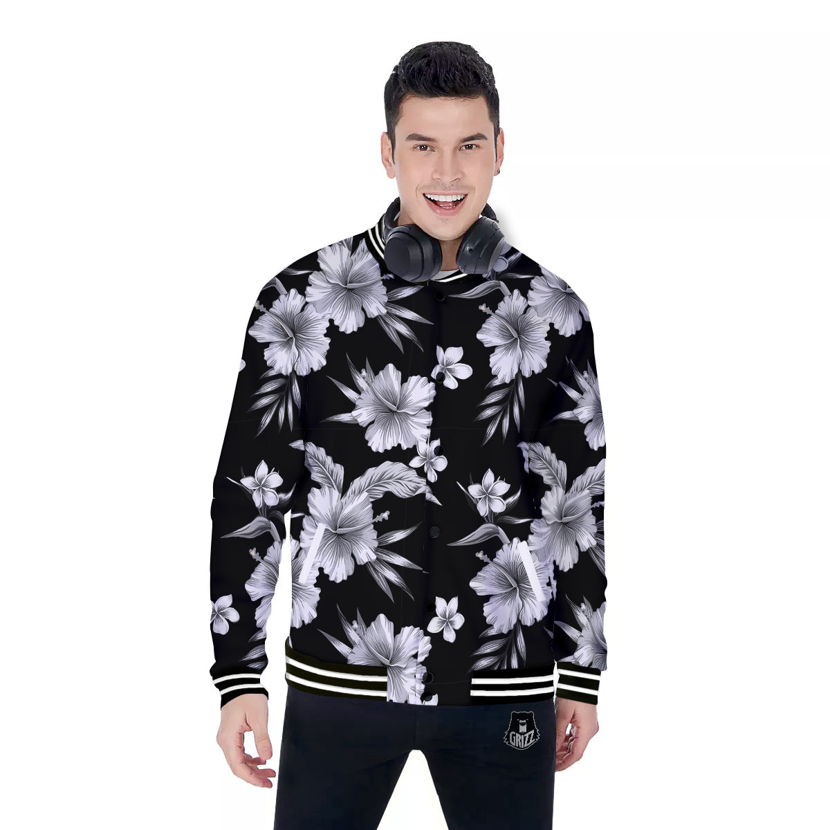 Frangipani White And Black Print Pattern Baseball Jacket-grizzshop