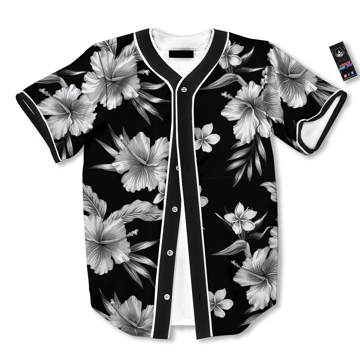 Frangipani White And Black Print Pattern Baseball Jersey-grizzshop