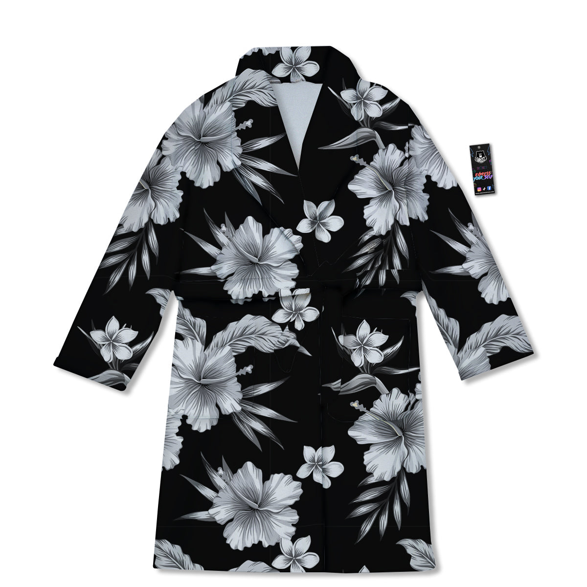 Frangipani White And Black Print Pattern Bathrobe-grizzshop
