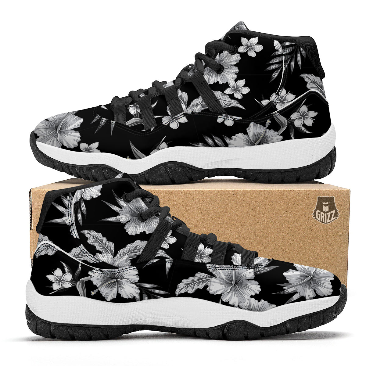 Frangipani White And Black Print Pattern Black Bball Shoes-grizzshop