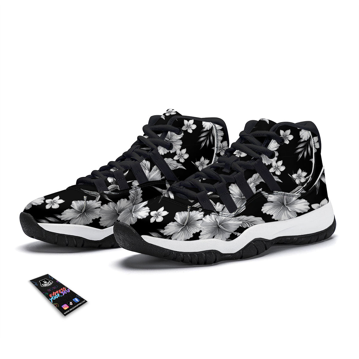 Frangipani White And Black Print Pattern Black Bball Shoes-grizzshop