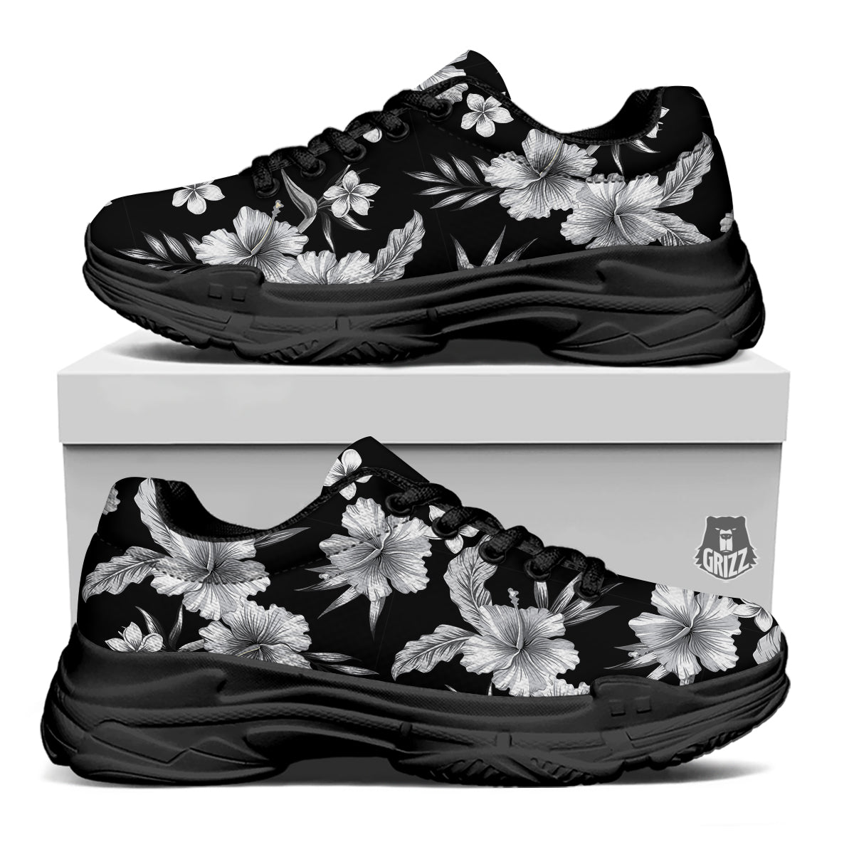 Frangipani White And Black Print Pattern Black Chunky Shoes-grizzshop
