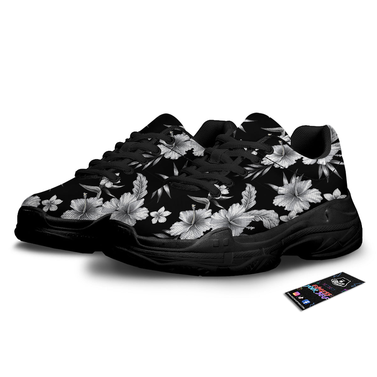 Frangipani White And Black Print Pattern Black Chunky Shoes-grizzshop