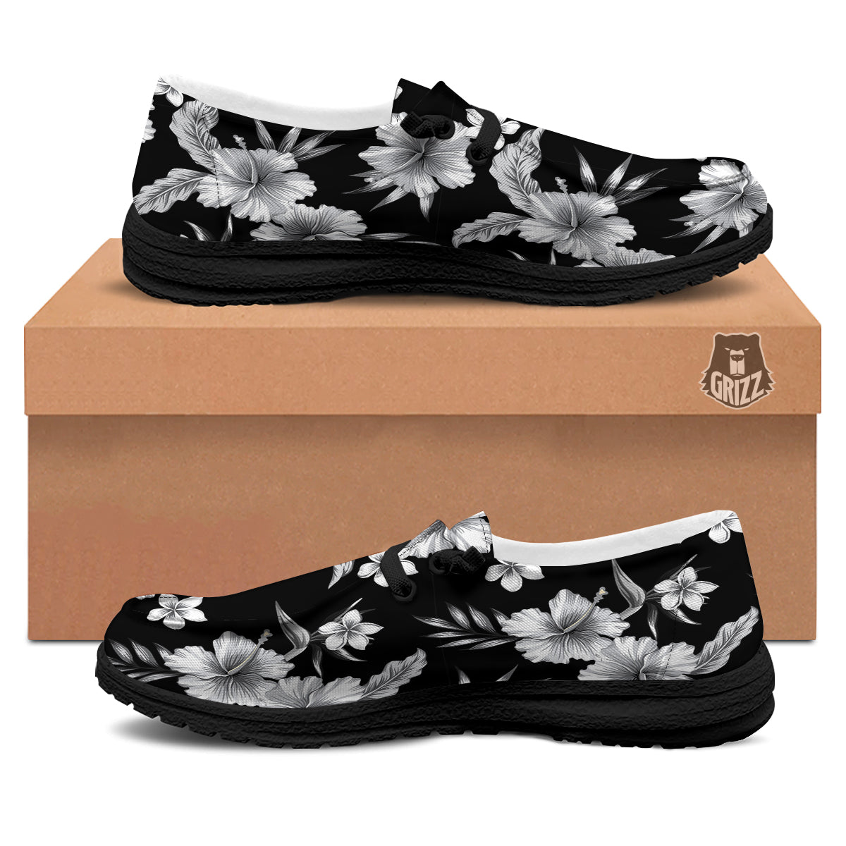 Frangipani White And Black Print Pattern Black Loafers-grizzshop