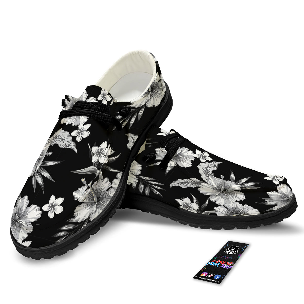 Frangipani White And Black Print Pattern Black Loafers-grizzshop