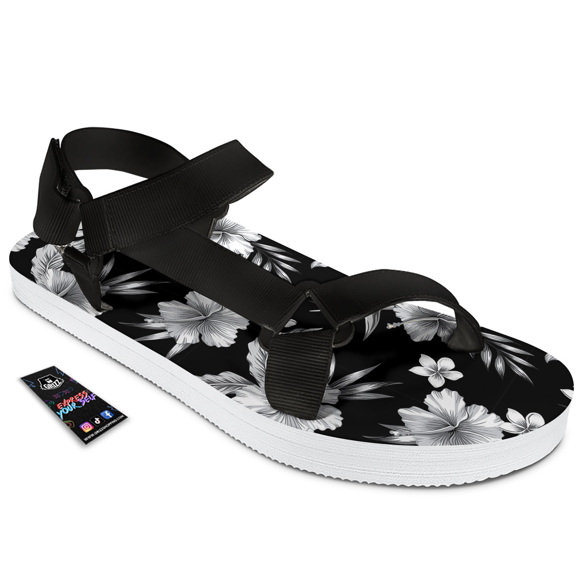 Frangipani White And Black Print Pattern Black Open Toe Sandals-grizzshop