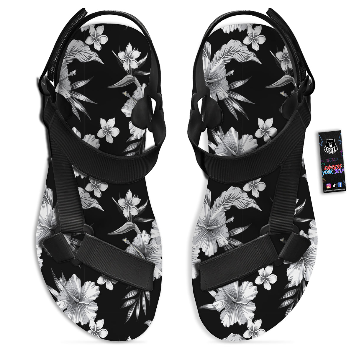 Frangipani White And Black Print Pattern Black Open Toe Sandals-grizzshop
