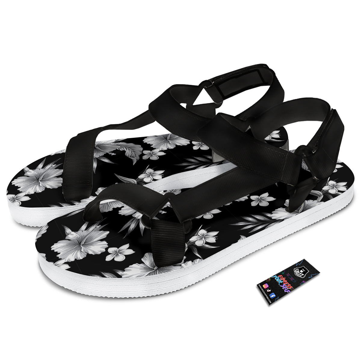 Frangipani White And Black Print Pattern Black Open Toe Sandals-grizzshop
