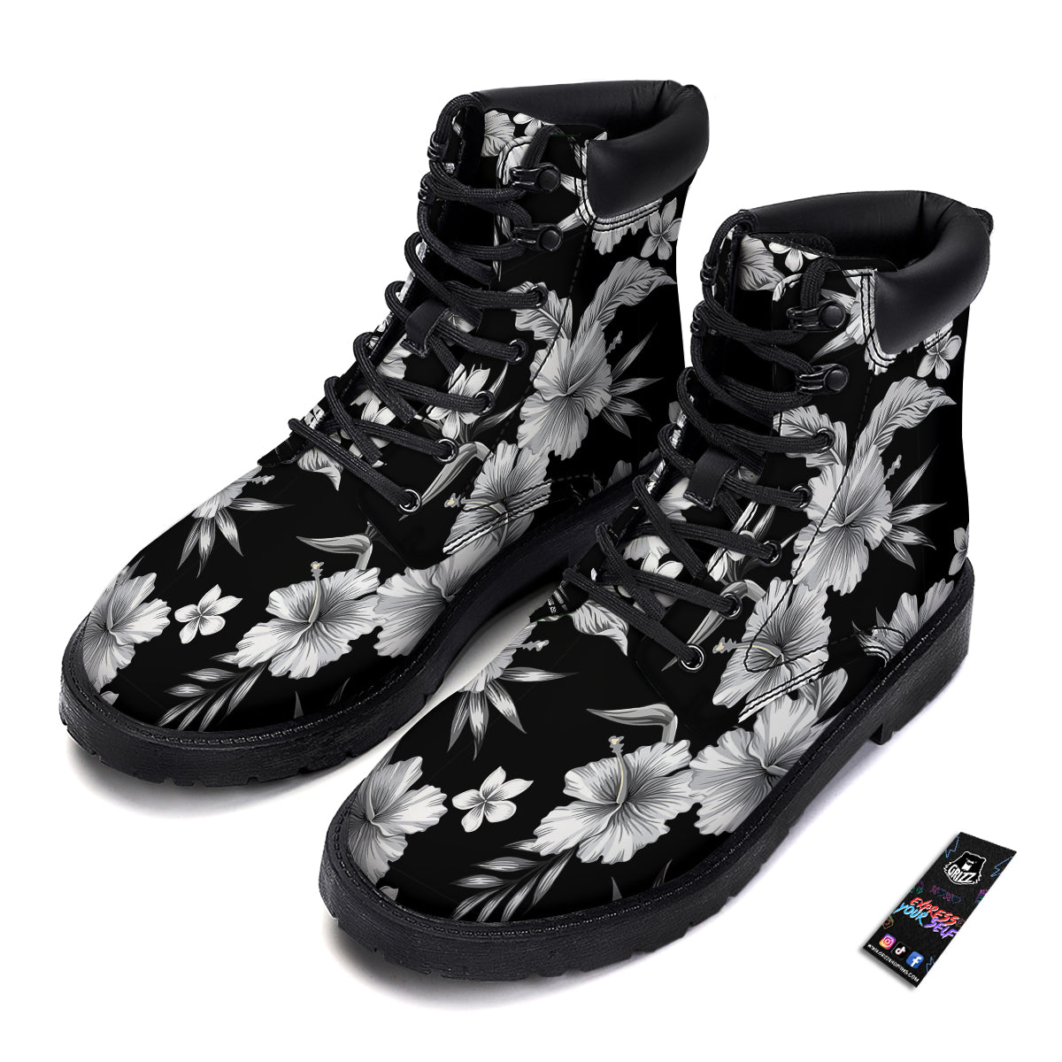 Frangipani White And Black Print Pattern Boots-grizzshop
