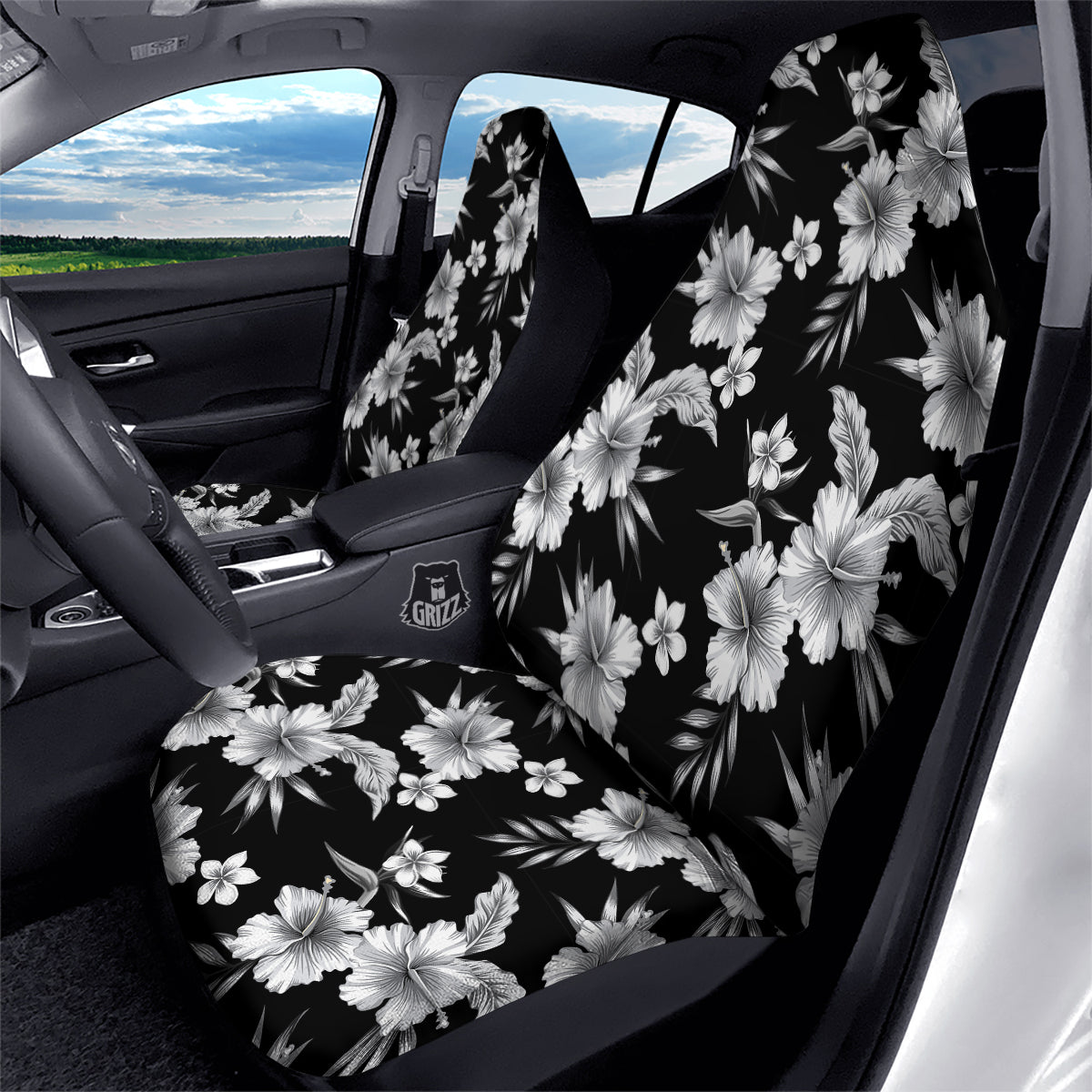 Frangipani White And Black Print Pattern Car Seat Covers-grizzshop