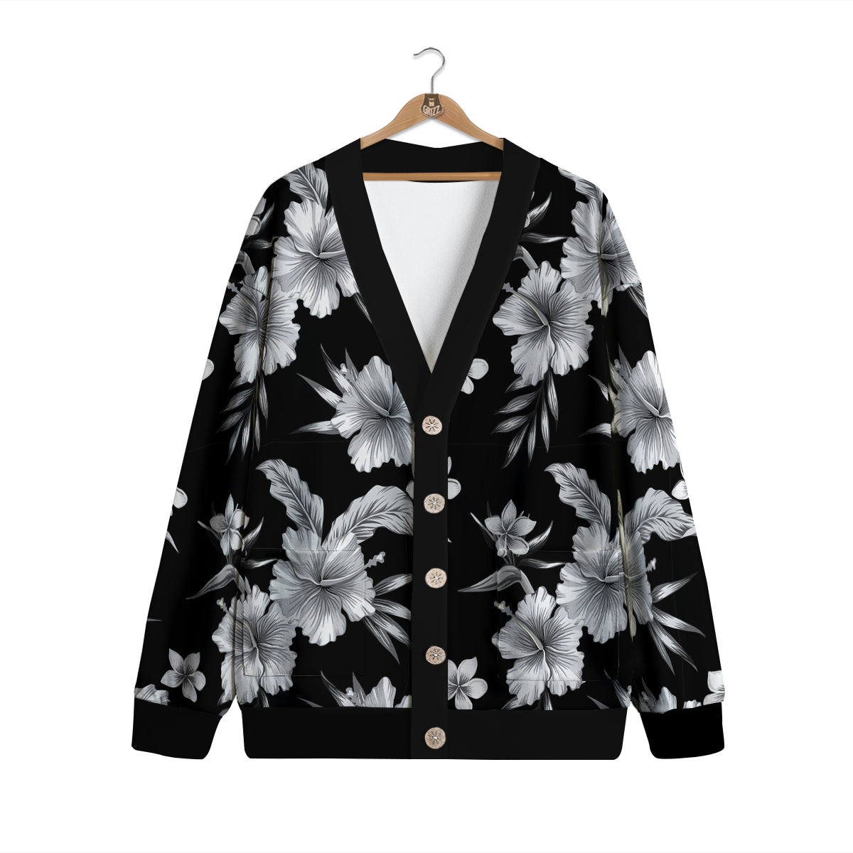 Frangipani White And Black Print Pattern Cardigan-grizzshop