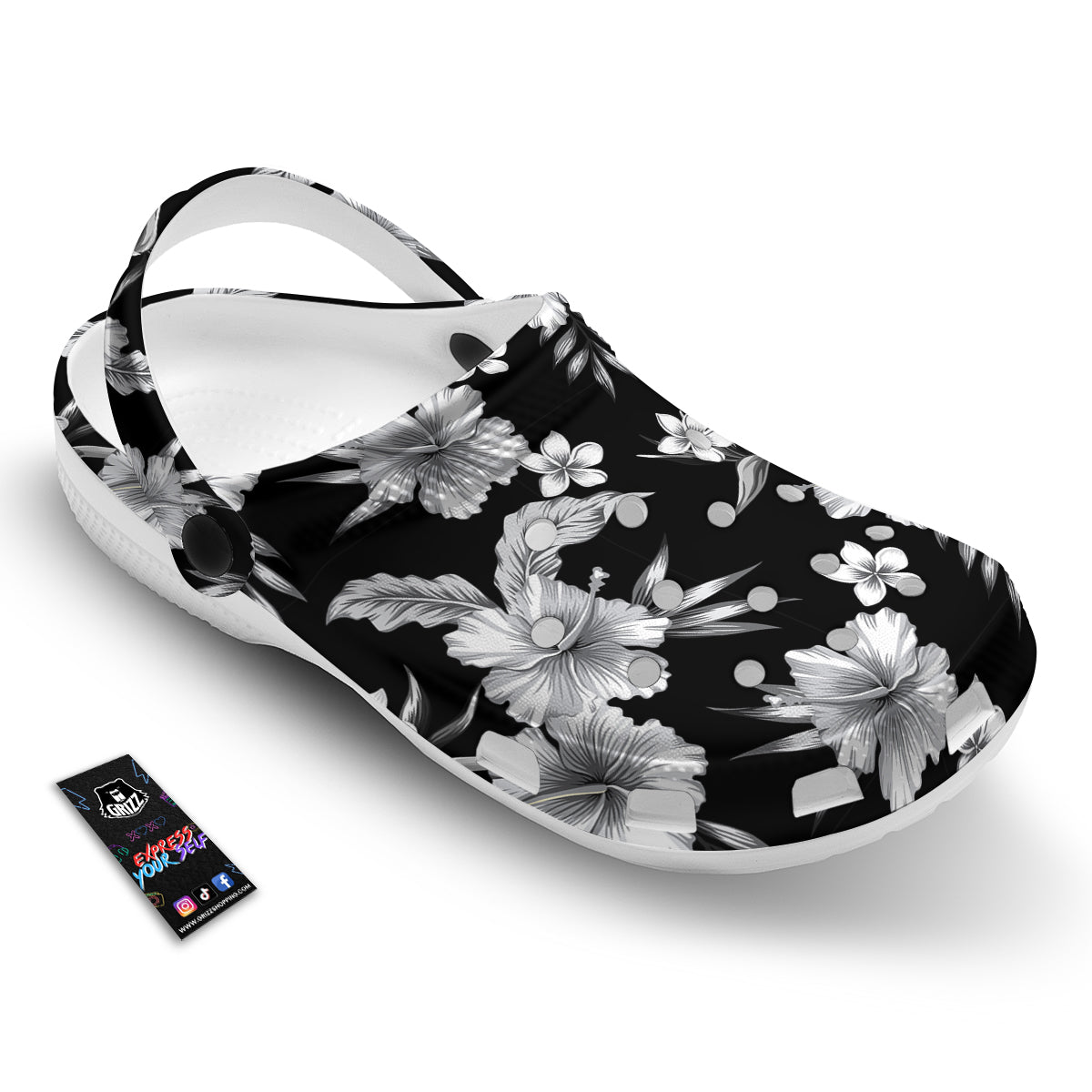 Frangipani White And Black Print Pattern Clog-grizzshop