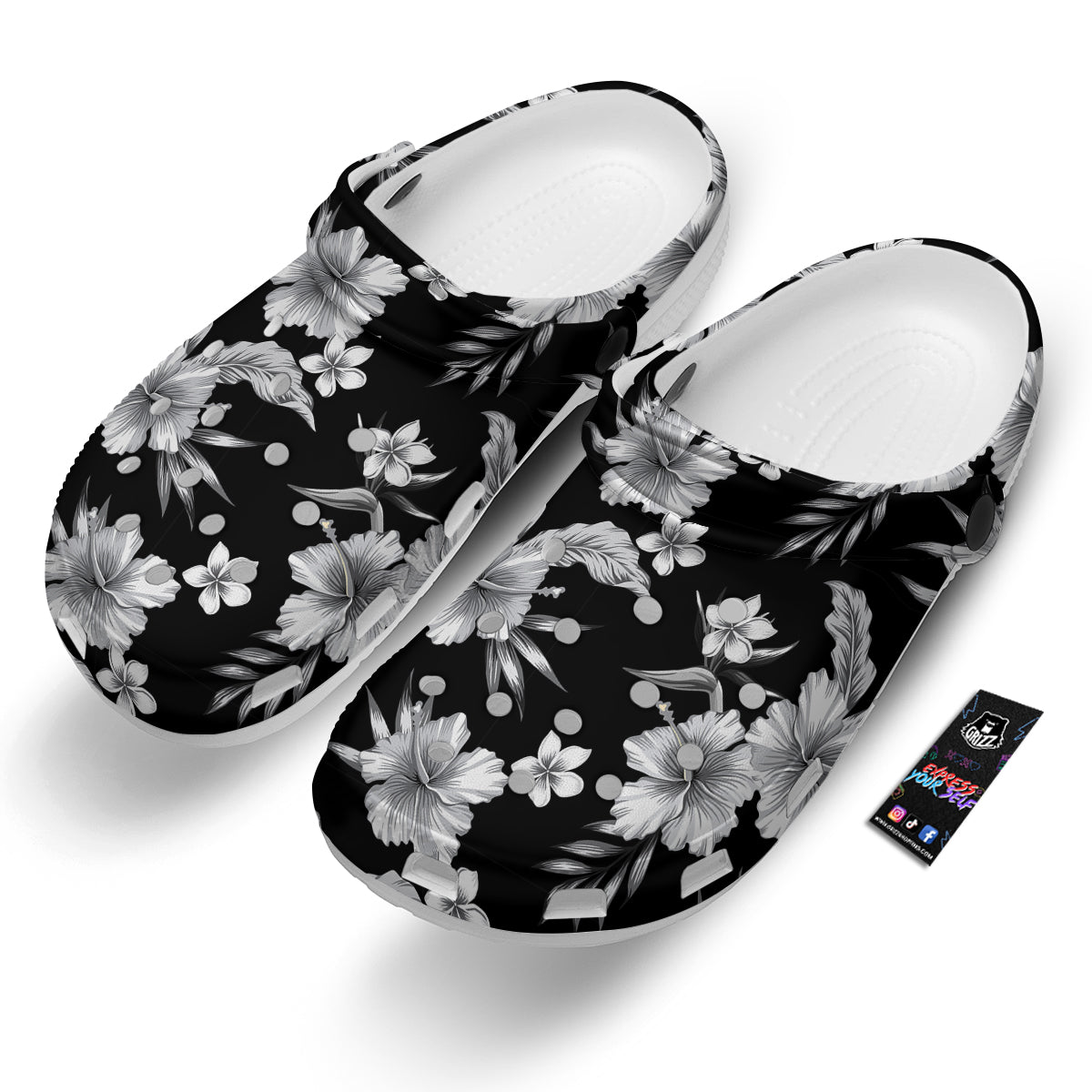 Frangipani White And Black Print Pattern Clog-grizzshop