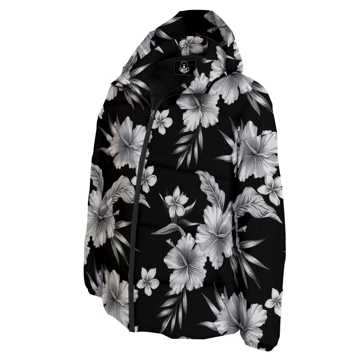 Frangipani White And Black Print Pattern Down Jacket-grizzshop