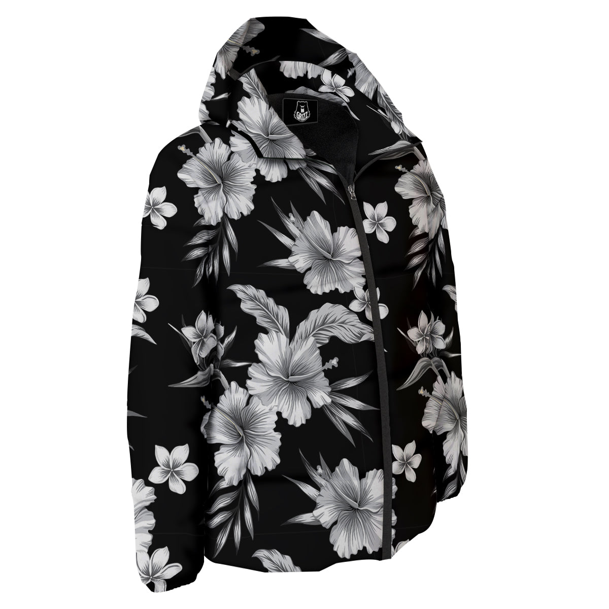 Frangipani White And Black Print Pattern Down Jacket-grizzshop