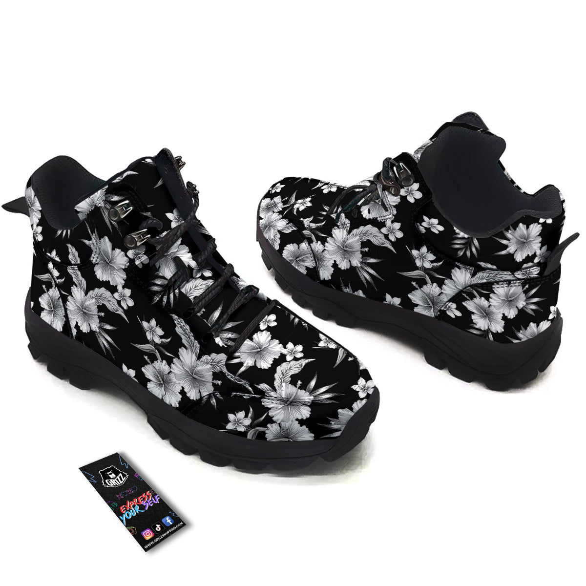 Frangipani White And Black Print Pattern Hiking Shoes-grizzshop
