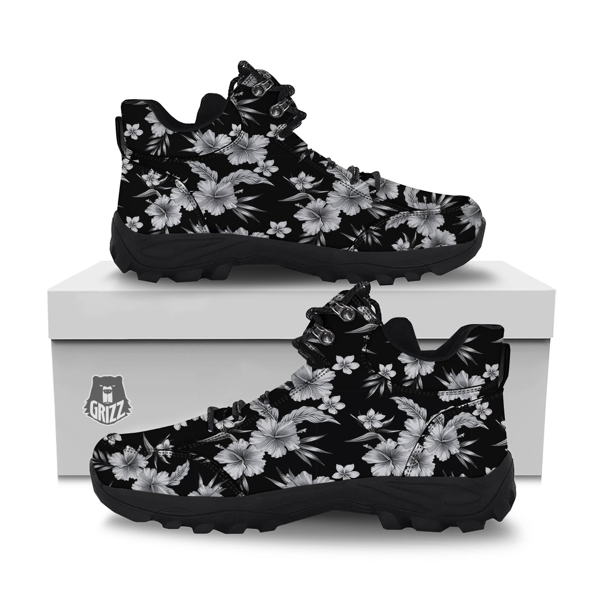 Frangipani White And Black Print Pattern Hiking Shoes-grizzshop