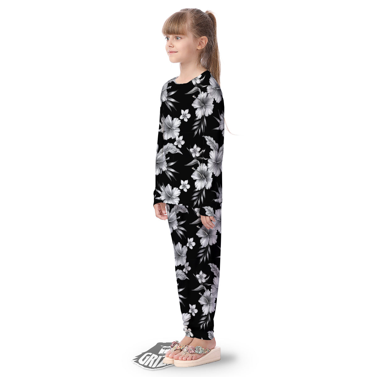 Frangipani White And Black Print Pattern Kid's Pajamas-grizzshop